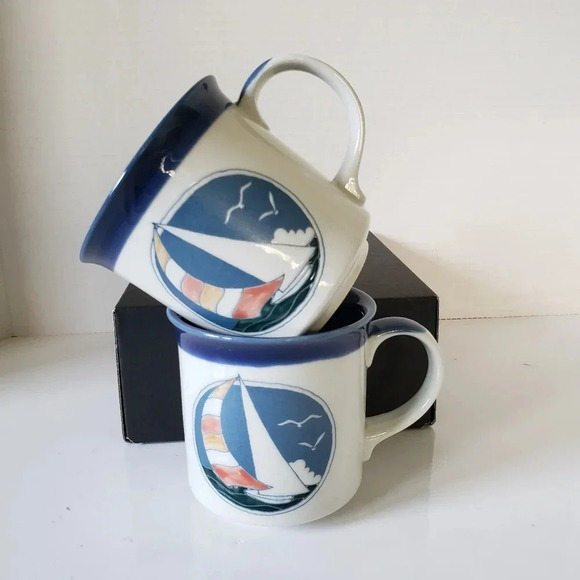 Vintage set of 2 Nautical Blue/White Otigiri Coffee Mugs. - Picture 2 of 7